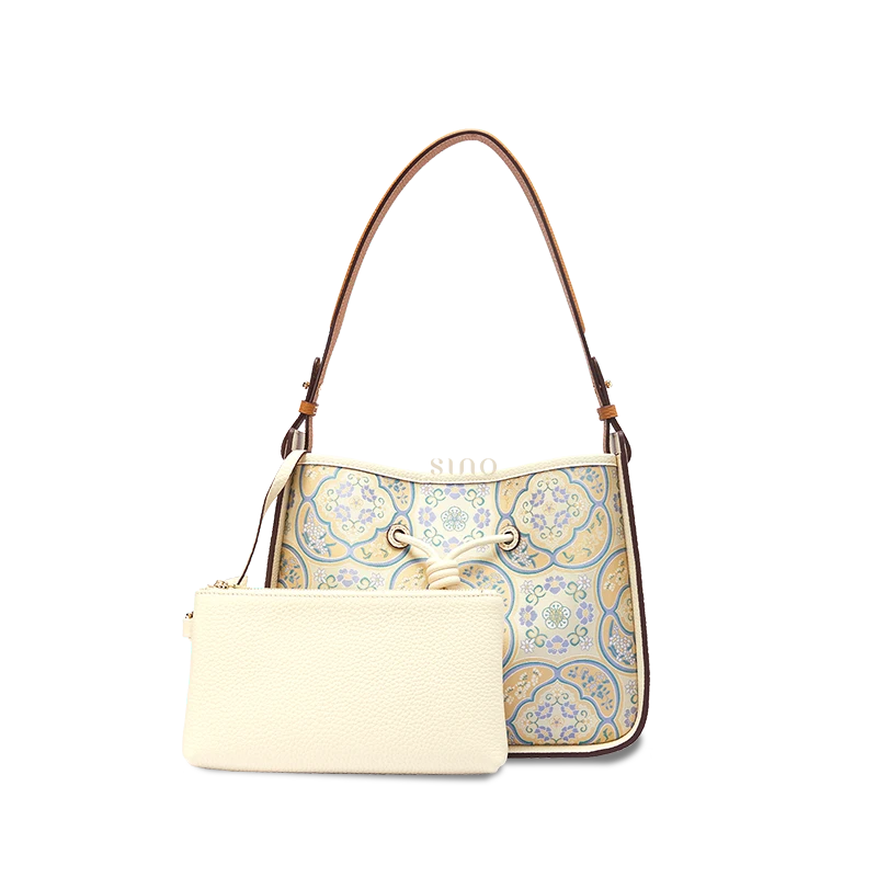 Seasonal Grace Song Brocade shoulder bag for women with top-grain leather and matching pouch, front view.