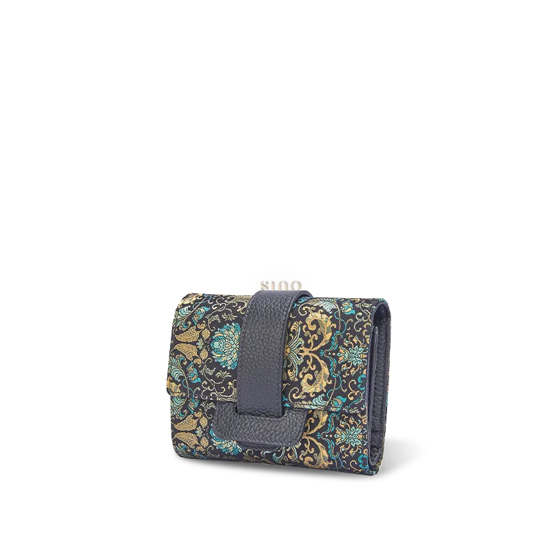 Chinoiserie Song Brocade Wallet - Black Banana Leaf & Lotus Pattern Side View.