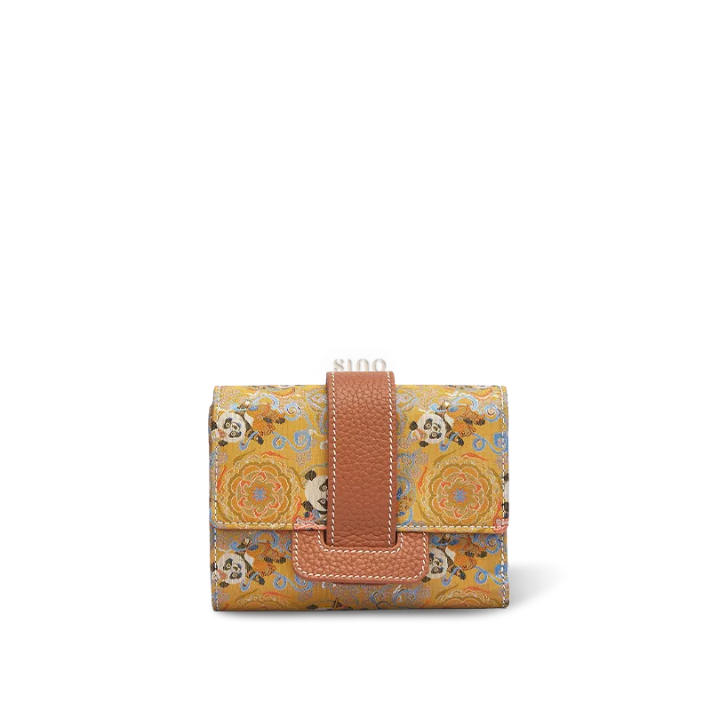Chinoiserie Song Brocade Wallet - Brown Panda Dance Front View on White.