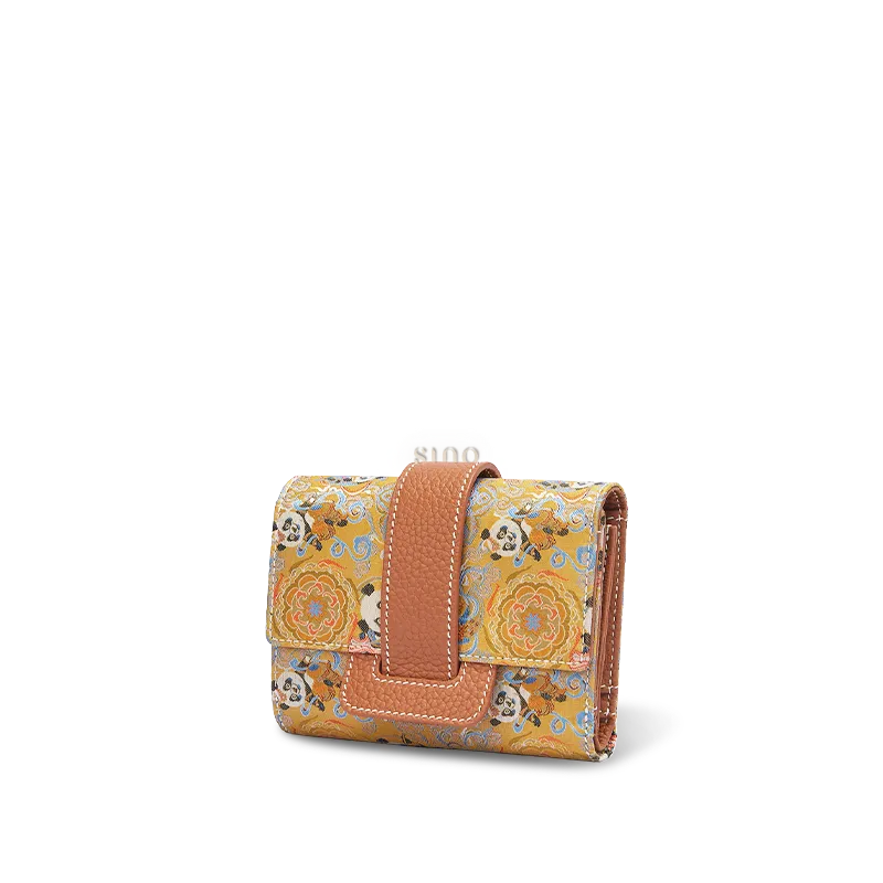 Chinoiserie Song Brocade Wallet - Brown Panda Dance Side Profile on White.