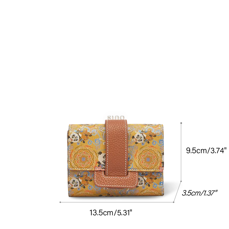 Chinoiserie Song Brocade Wallet - Brown Panda Dance Pattern - Size: 13.5×3.5×9.5 cm.