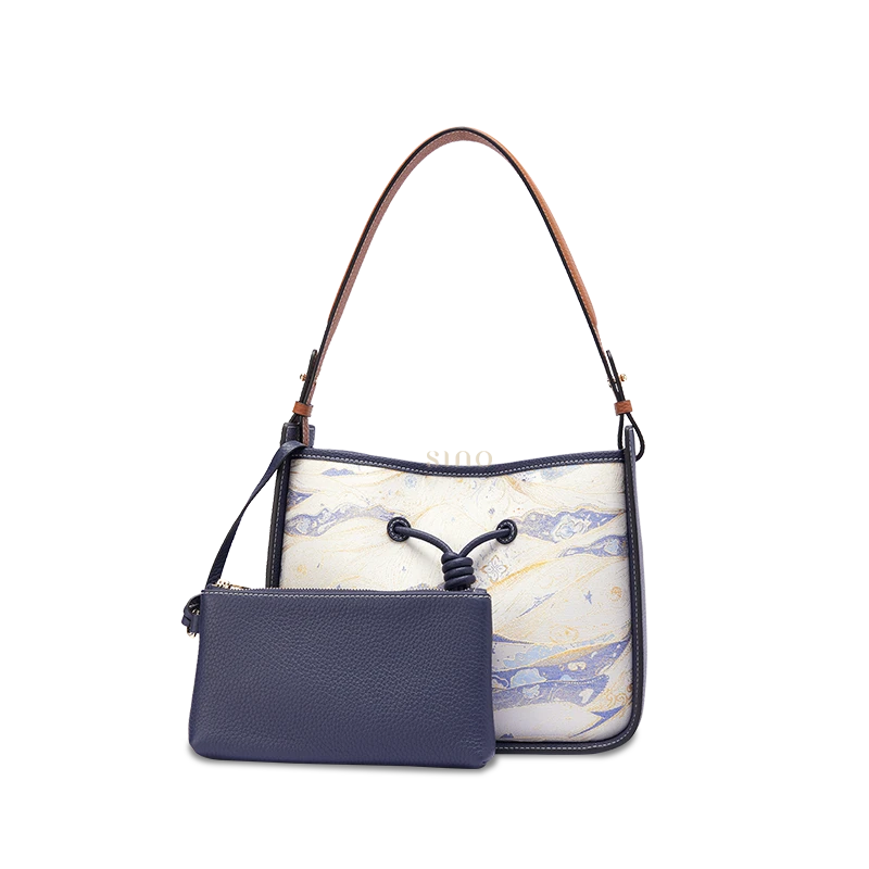 Moonlit Splendor Song Brocade shoulder bag for women with top-grain leather and matching pouch, front view.