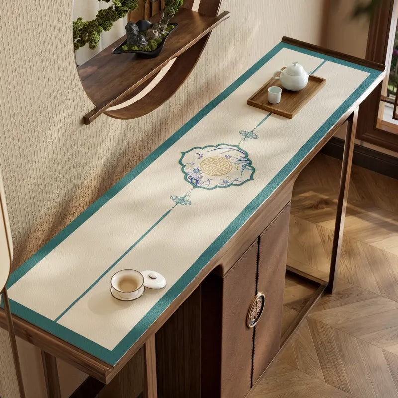 Chinoiserie summer blue leather cabinet top protector mat.