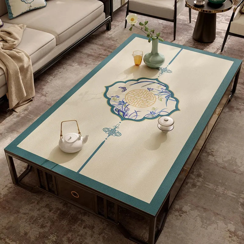 Chinoiserie summer blue leather coffee table mat with longevity medallion.