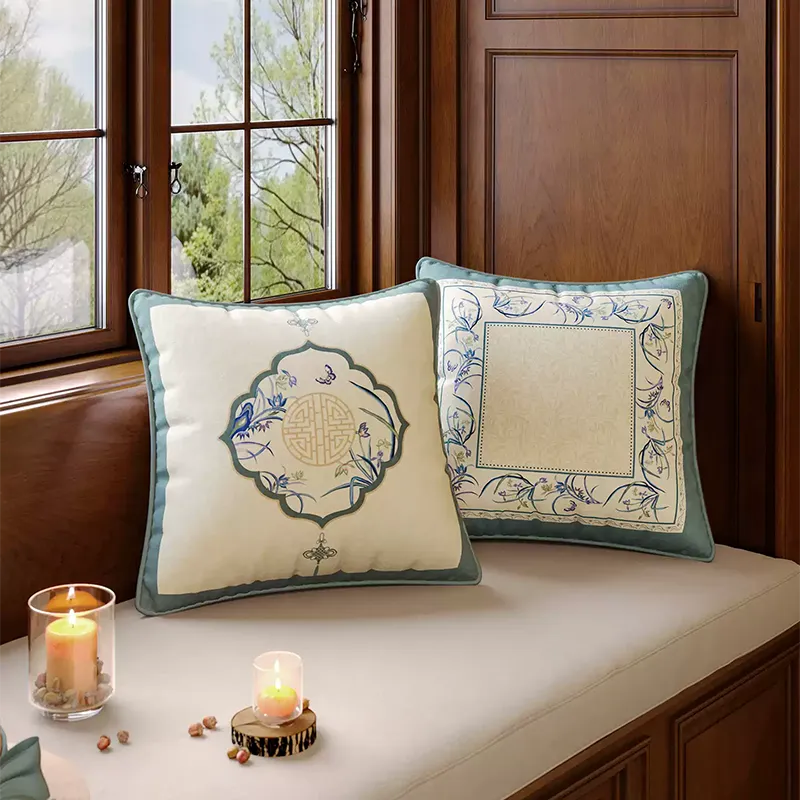 Chinoiserie summer blue throw pillow for sofa decor.