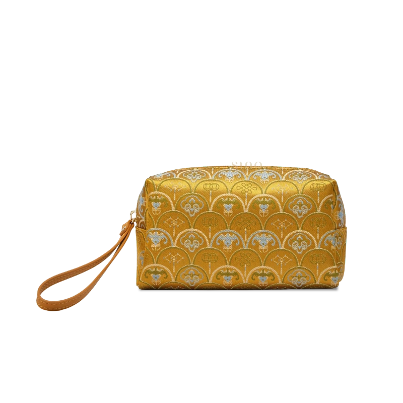 Brown Chinoiserie brocade wristlet wallet for women, front view with vintage jacquard pattern and leather wrist strap.