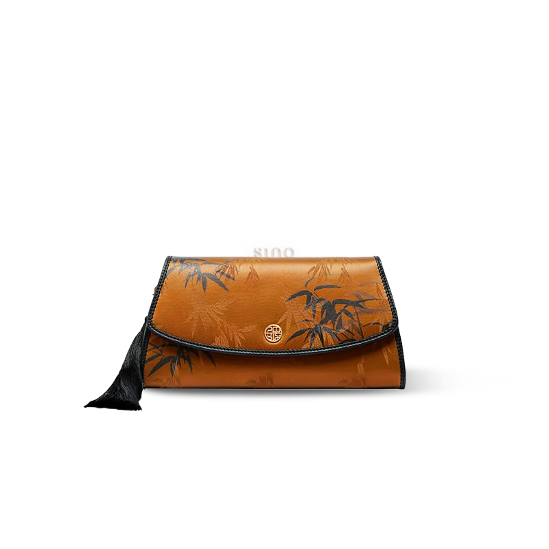 Brown Chinoiserie Vintage Bamboo Print Mulberry Silk Clutch - Front View.