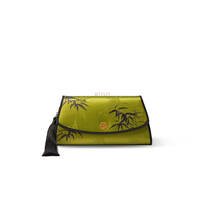 Vintage Green Chinoiserie Bamboo Print Mulberry Silk Clutch - Front View.