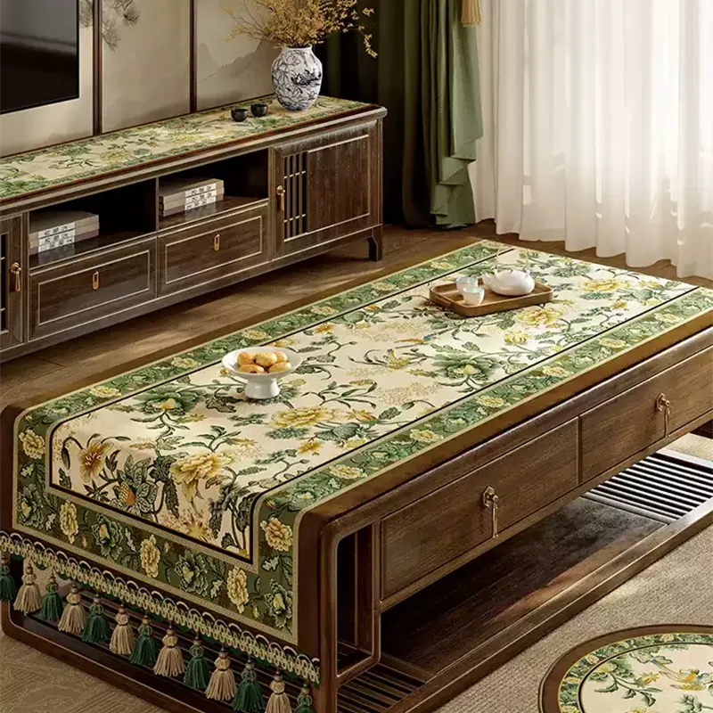 Green vintage Chinoiserie songbird and peony tablecloth.