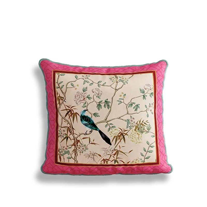 Chinoiserie window lattice birds blossoms square pillow.