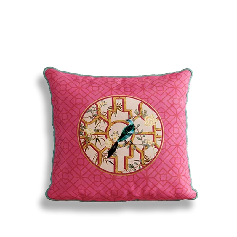 Style B chinoiserie window lattice birds blossoms square pillow.