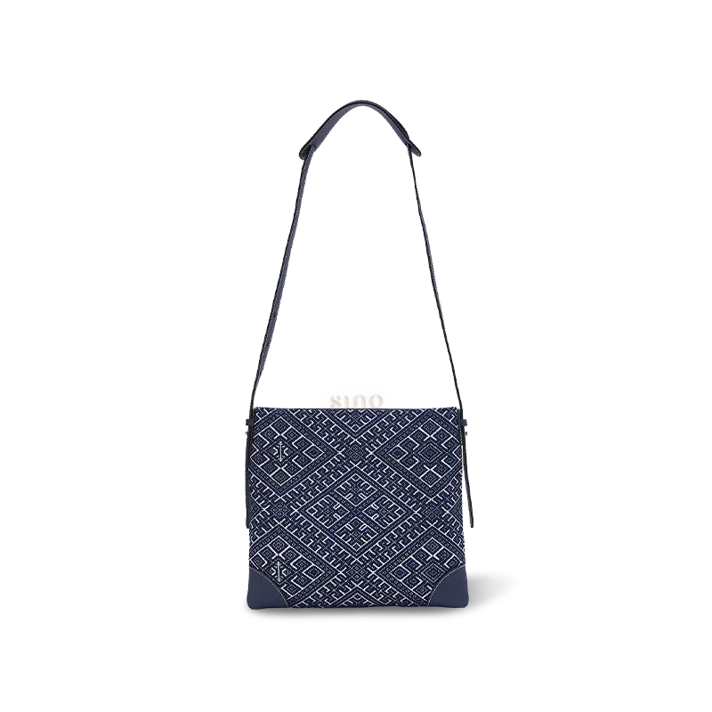 Front view of Chinoiserie Zhuang Brocade Swallow Motif Blue Messenger Crossbody Bag on white background.