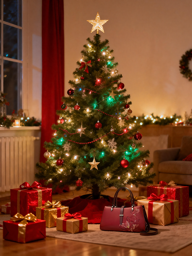 Lit Christmas tree with colored lights and ornaments, surrounded by red and gold gift boxes—Christmas Gift Guide.