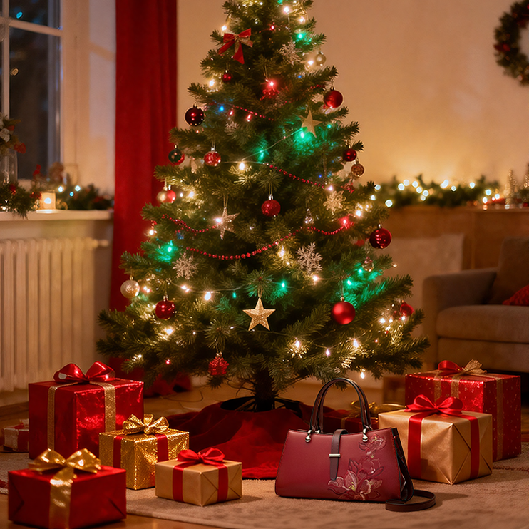 Lit Christmas tree with colored lights and ornaments, surrounded by red and gold gift boxes—Christmas Gift Guide.