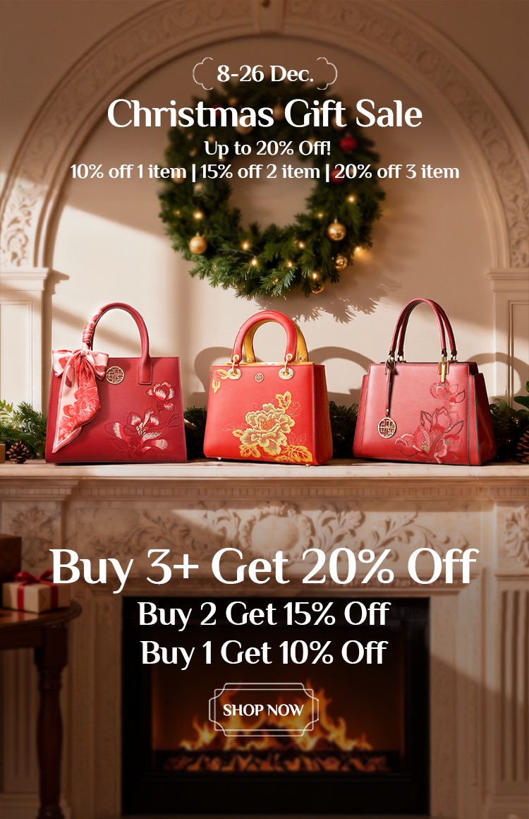 Three red embroidered handbags on a festive fireplace mantel – Christmas Gift Sale 8-26 Dec, up to 20% off.