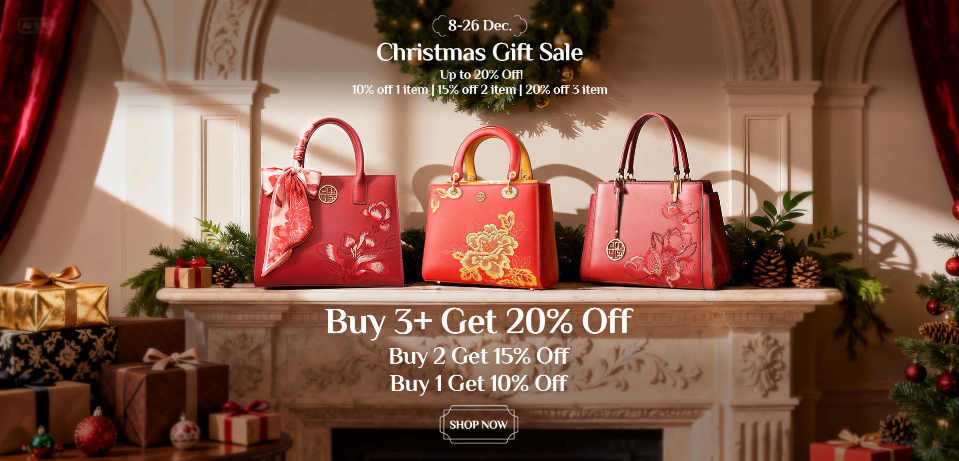 Three red embroidered handbags on a festive fireplace mantel – Christmas Gift Sale 8-26 Dec, up to 20% off.