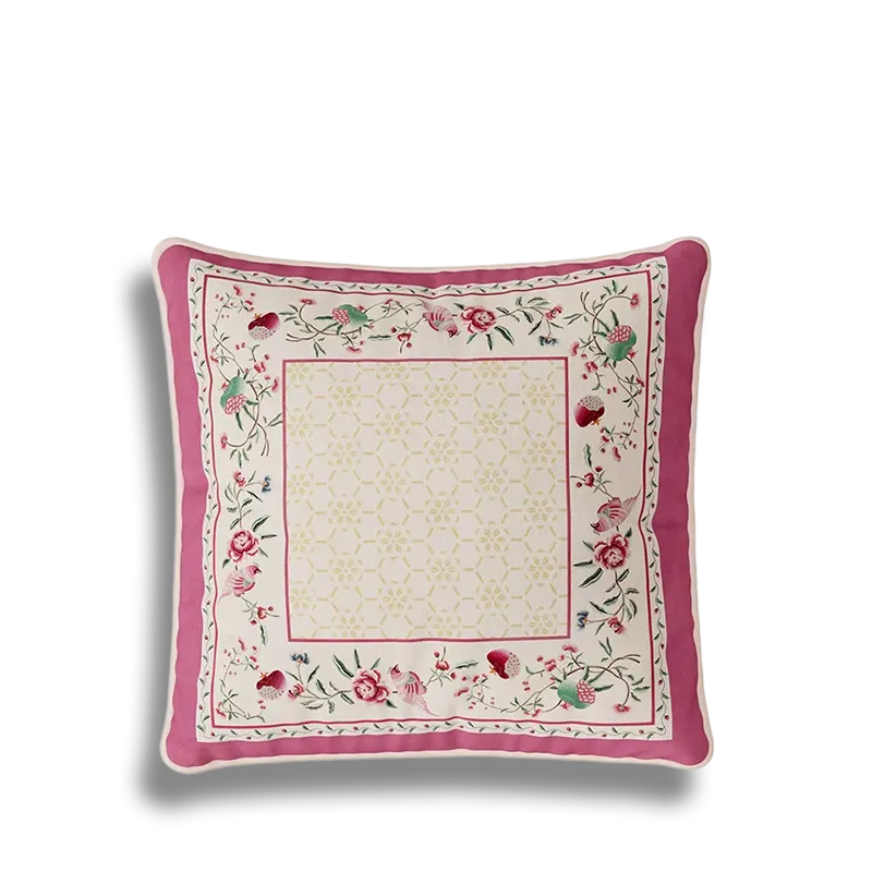 Coral pink Chinoiserie floral border pillow cover.