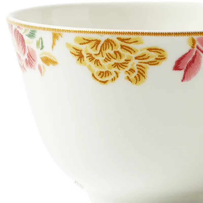 Textured left-side floral pattern on bone china tea cup.