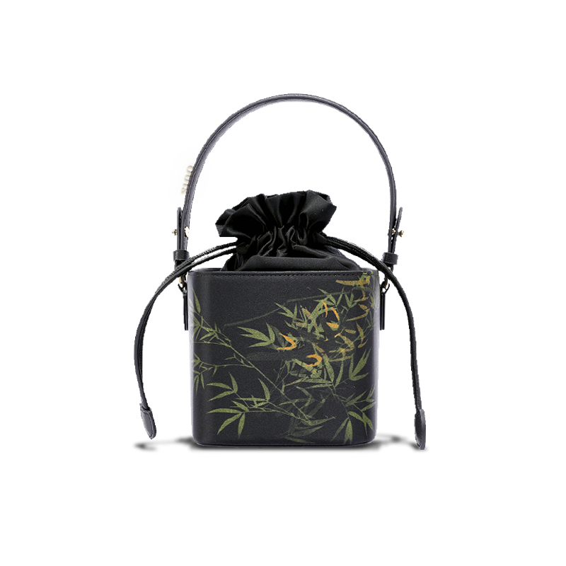 Xiangyunsha Silk Black Bamboo Print Mini Cube Bucket Bag