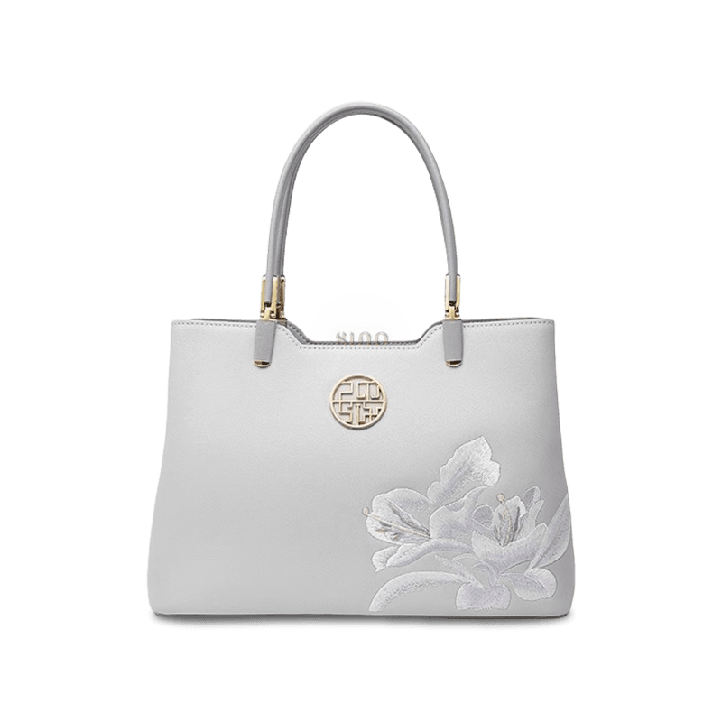Embroidery Leather Grey Tote Bag Azalea Women Handbag - SinoCultural