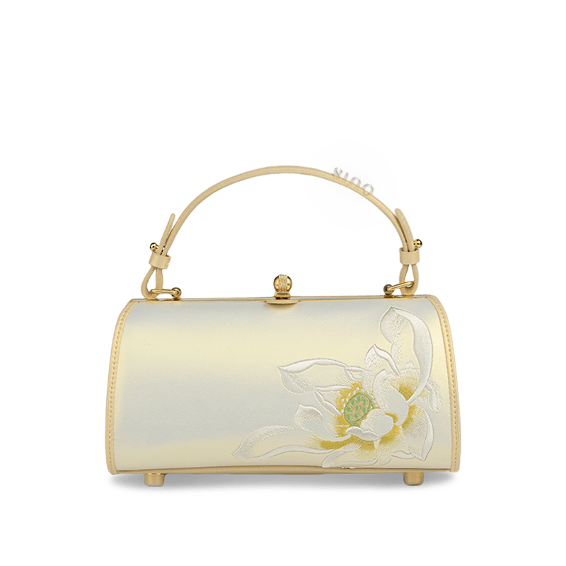 Embroidery Leather White Shoulder Bag Lotus Elegant Handbag - SinoCultural