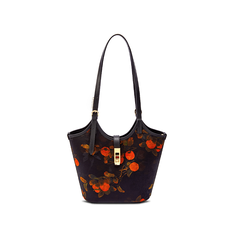 Xiangyunsha Silk Leather Printed Persimmon Bucket Bag - SinoCultural -- YS120762 - 