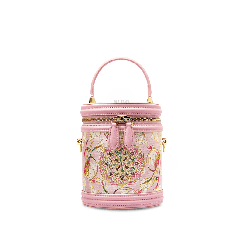 Song Brocade Powder Pink Bucket Bag Lotus & Lucky Rabbit Pattern - SinoCultural -- P12065102 - 