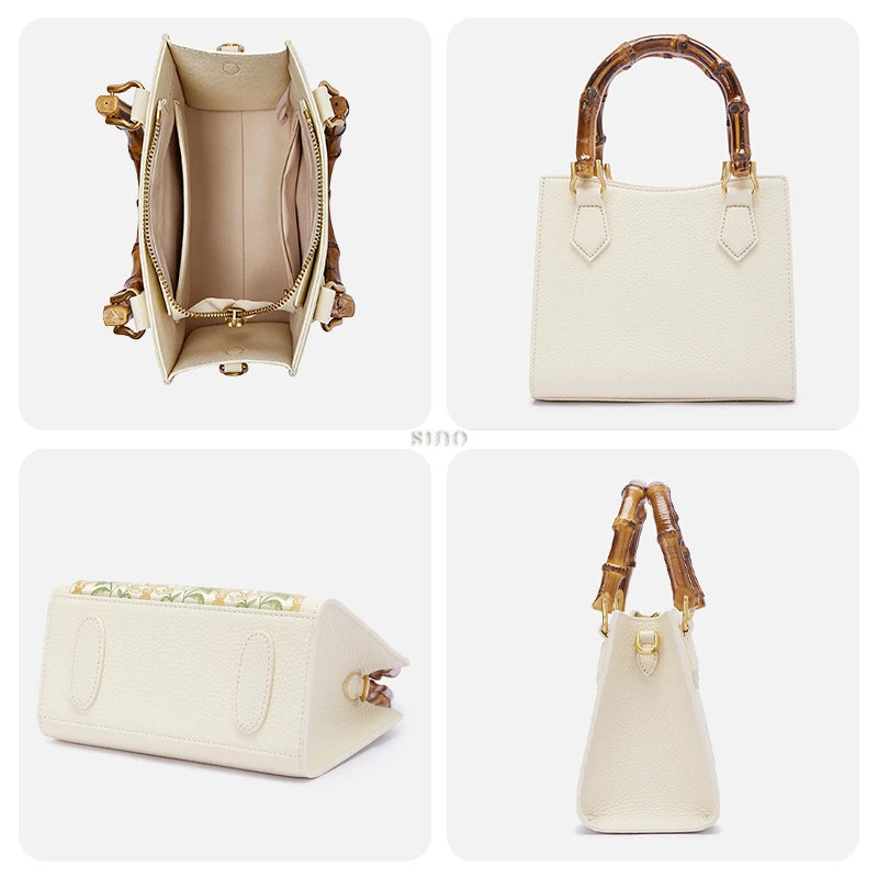 Detailed view of Dayun Brocade Verdant Floral bamboo handle handbag showing interior structure, leather craftsmanship, bottom reinforcement, and side silhouette.