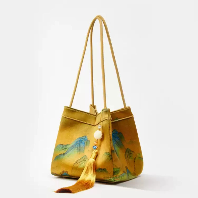 Chinese Painting Mulberry Silk Bucket Bag Vintage Handbag