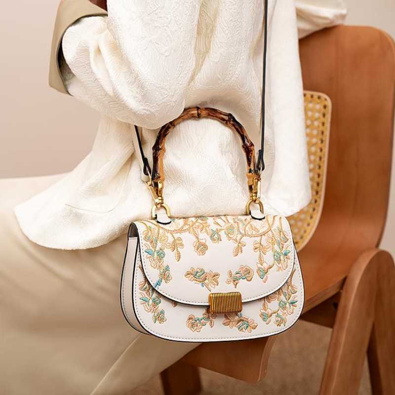 Handcrafted Embroidery White Leather Handbag Camellia Bamboo Handle-Handbag-SinoCultural-SinoCultural