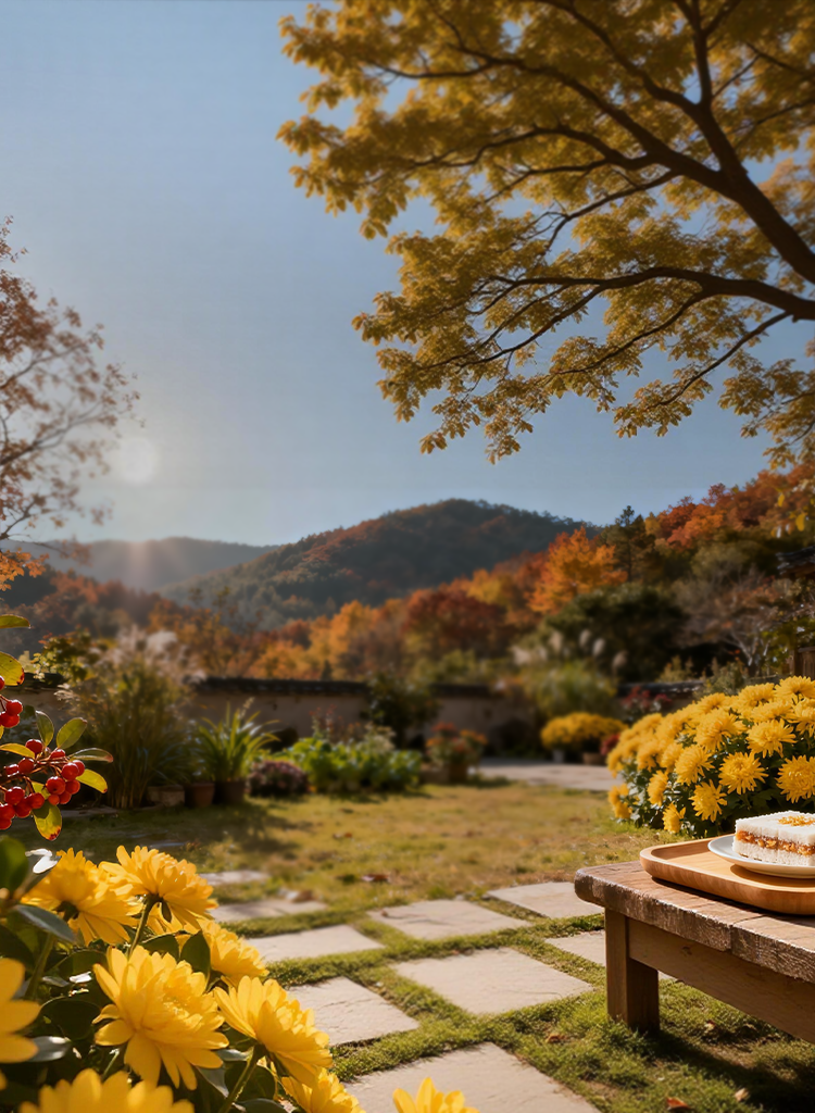 Double Ninth Festival banner with autumn garden, yellow chrysanthemums, mountain view, and traditional rice cake.