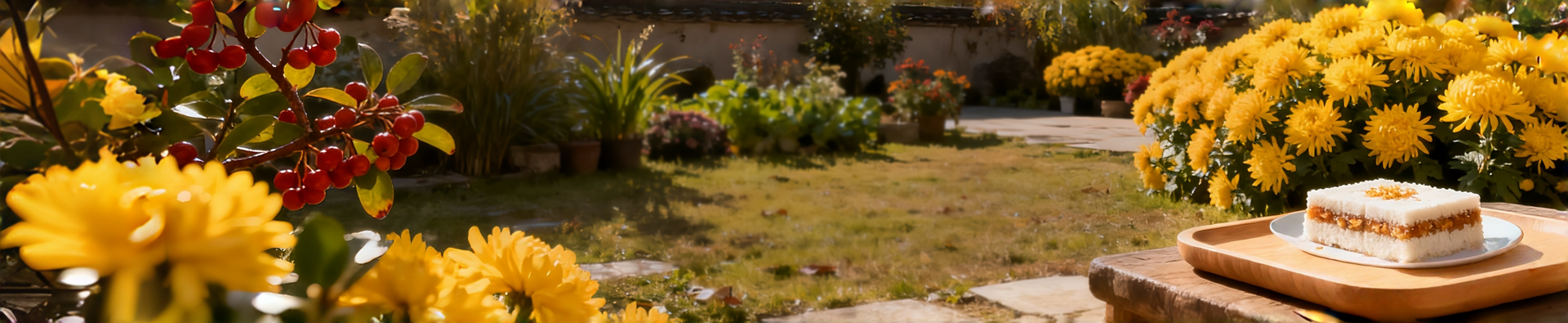 Double Ninth Festival banner with autumn garden, yellow chrysanthemums, mountain view, and traditional rice cake.