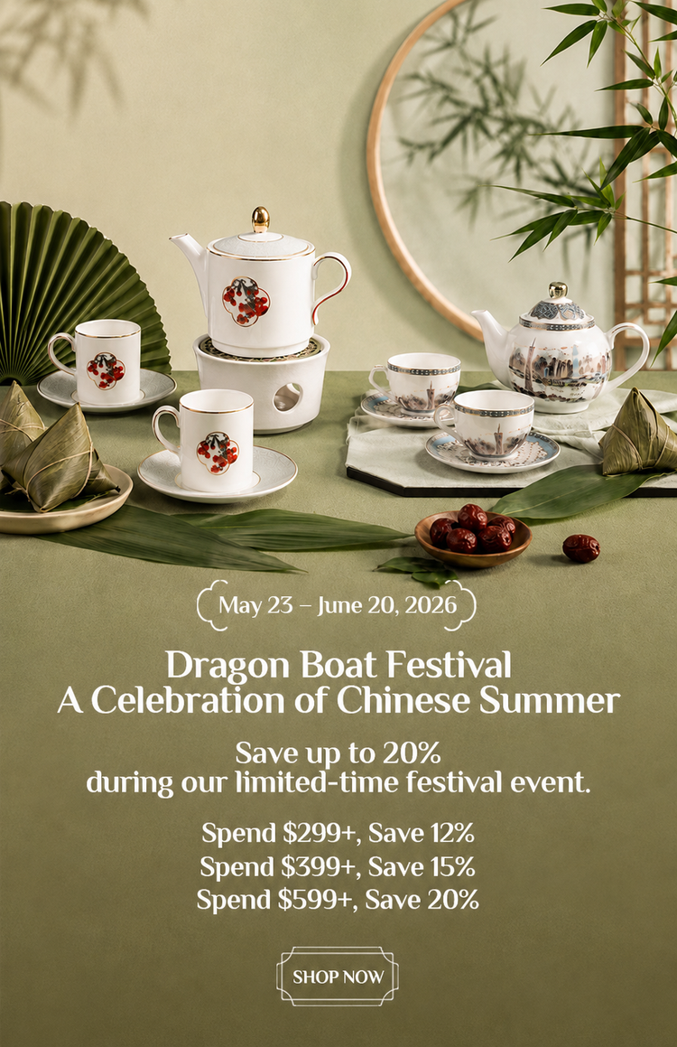 Dragon Boat Festival Chinese summer sale banner with porcelain tea sets, zongzi, bamboo leaves, and elegant home decor, featuring automatic tiered discounts of 12% off $299+, 15% off $399+, and 20% off $599+.