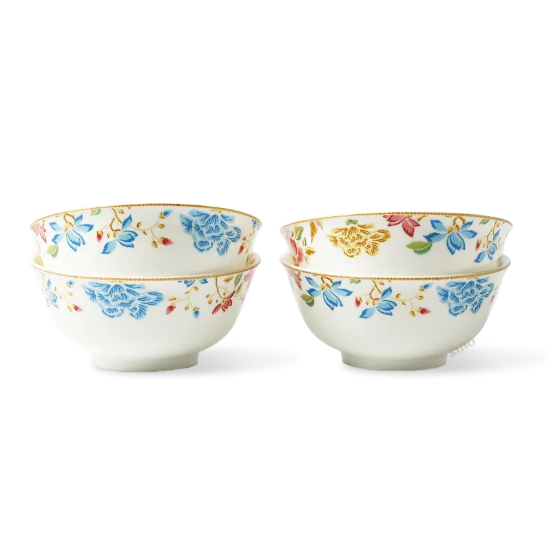 Two stacks of chinoiserie bowls side-by-side, set of four arrangements.