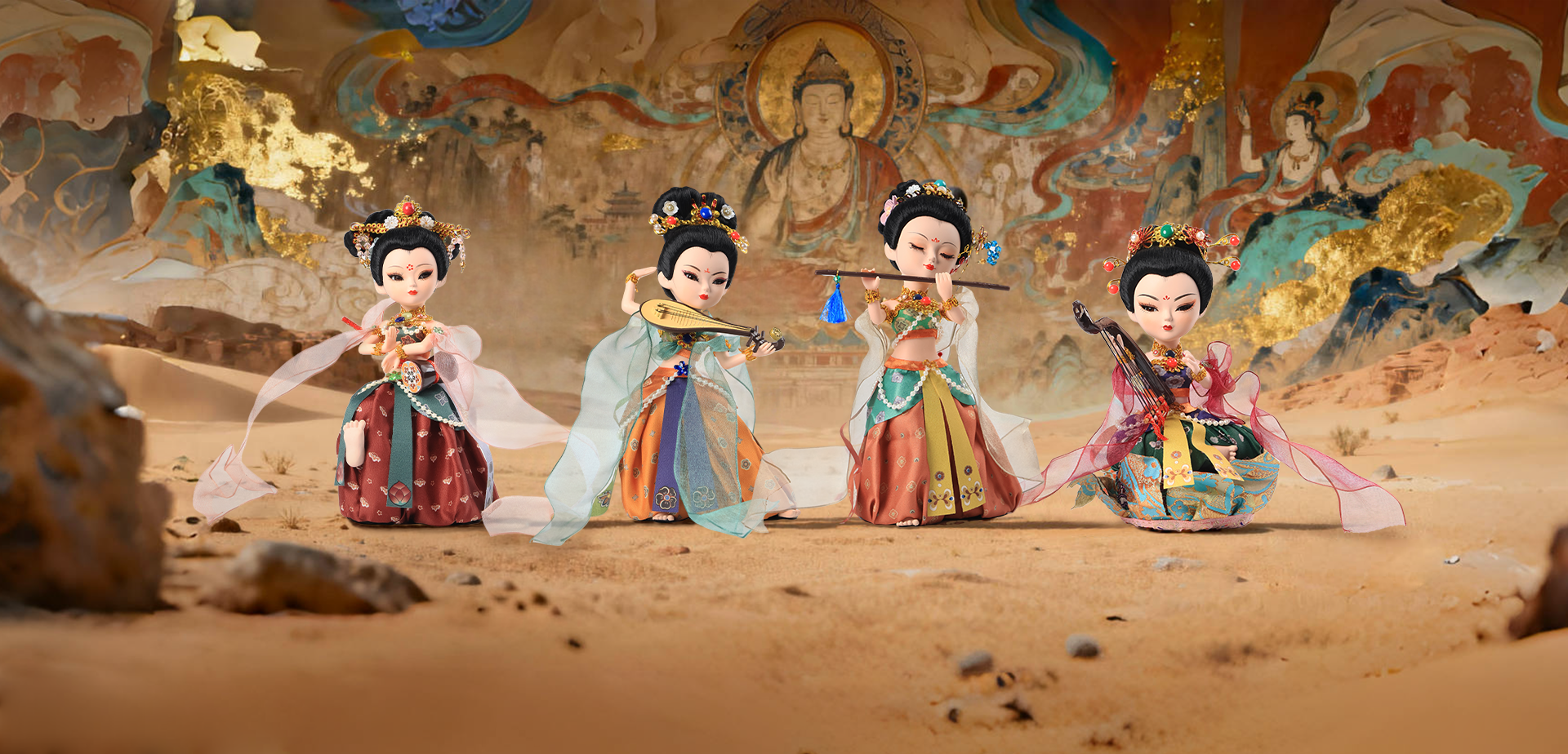 Four Dunhuang Flying Apsaras fairy dolls playing traditional instruments in a mural-style desert setting.