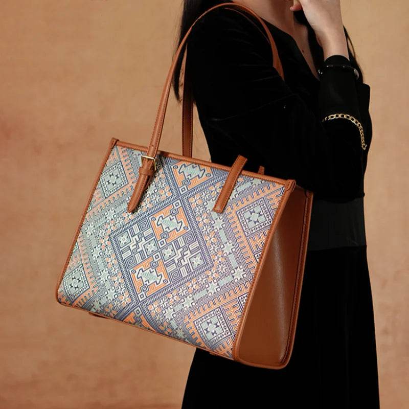 Zhuang Brocade Handicraft Large-Capacity Commuter Tote Bag - SinoCultural