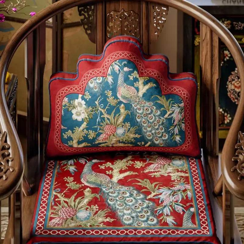 Chinoiserie Festive Red Peacock Luxe Lumbar Pillow - SinoCultural