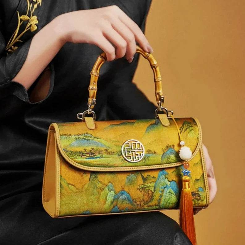 Chinese Painting Xiangyunsha Silk Bamboo Handle Barrel Handbag - SinoCultural