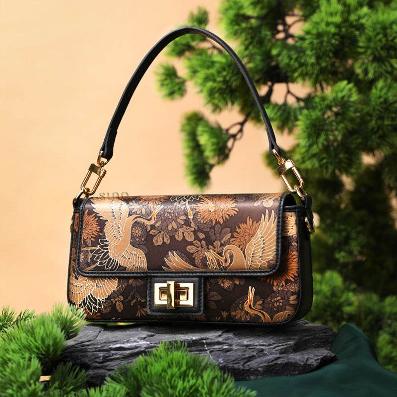 Xiangyunsha Silk Vintage Crane Print Shoulder Bag - SinoCultural -- YS120648 - 