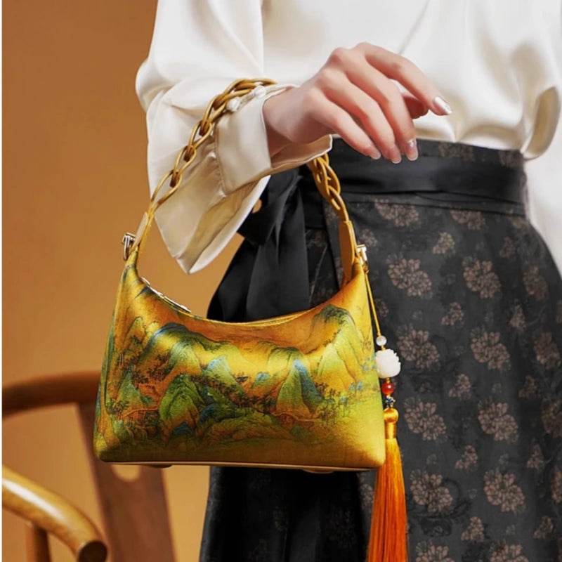 Chinese Painting Xiangyunsha Silk Shoulder Bag Designer Handbag - SinoCultural -- P170083 - 