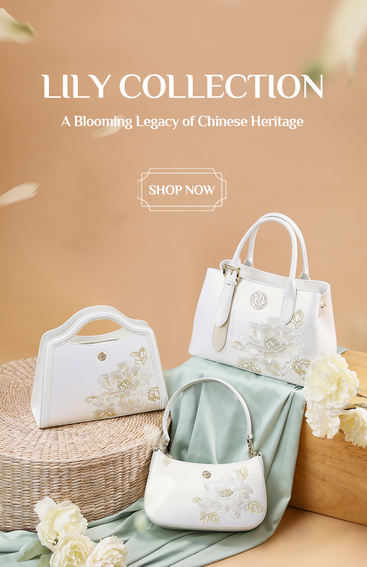 Sinocultural‘s Embroidered Lily Collection banner featuring three white handbags with lily embroidery, displayed on a woven mat and wooden block with white flowers, against a soft beige background.