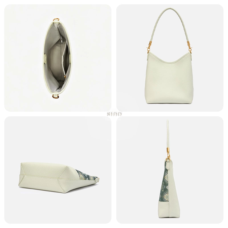 Interior, ivory leather back, structured base, and side profile of the Emerald Blossom shoulder bag.