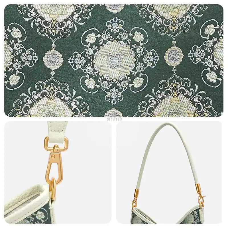 Close-up of the Emerald Blossom Shu Brocade motif, ivory floral details, leather strap, and gold-tone hardware.
