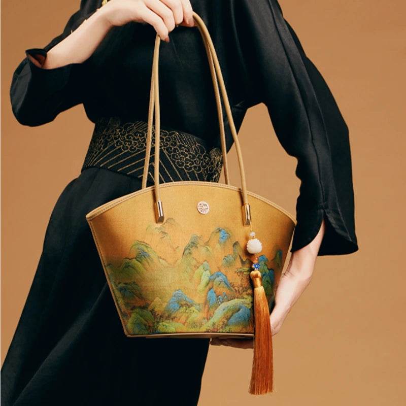Chinese Painting Mulberry Silk Tote Bag Green Women Handbag - SinoCultural