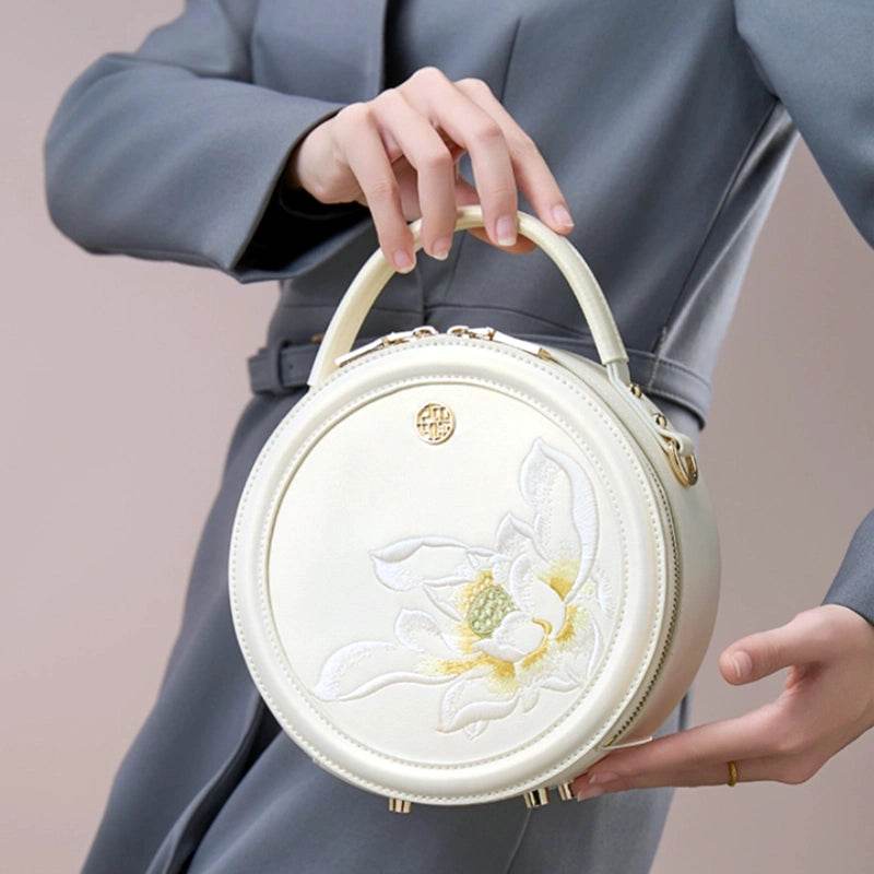 Embroidery Leather White Round Handbag Lotus - SinoCultural