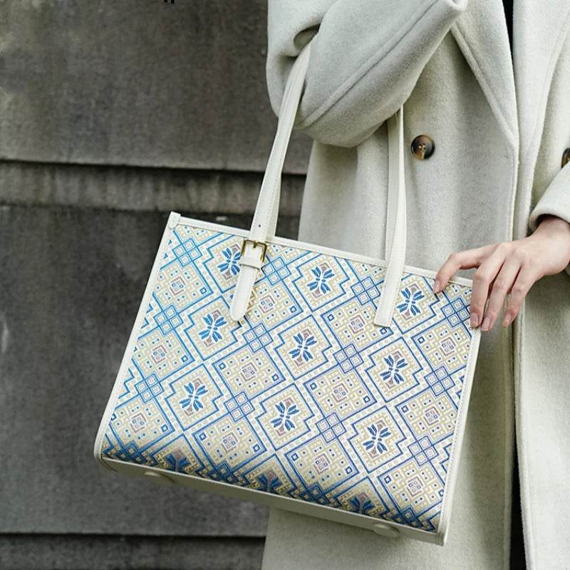 Zhuang Brocade Handicraft Large-Capacity Commuter Tote Bag - SinoCultural