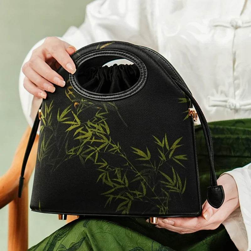 Xiangyunsha Silk Bamboo Black Drawstring Bucket Bag - SinoCultural -- YS120670-1 - 