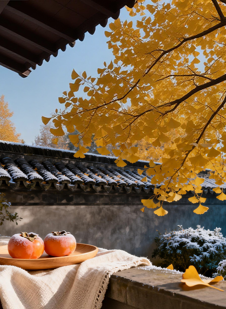 Frosty persimmons on a wooden plate with ginkgo leaves and an old courtyard.