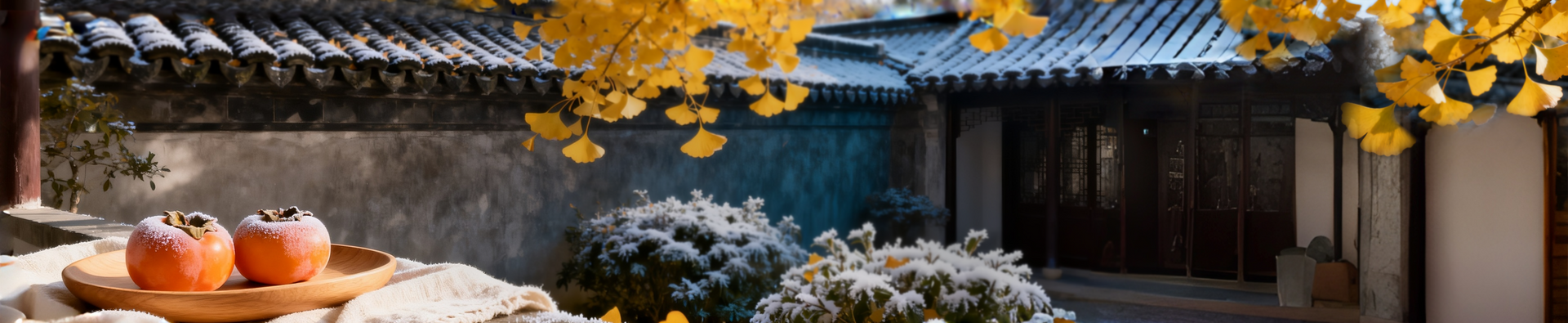 Frosty persimmons on a wooden plate with ginkgo leaves and an old courtyard.