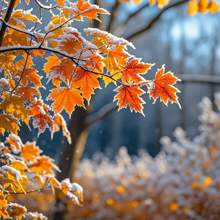 Frosty red maple leaves on autumn branches.